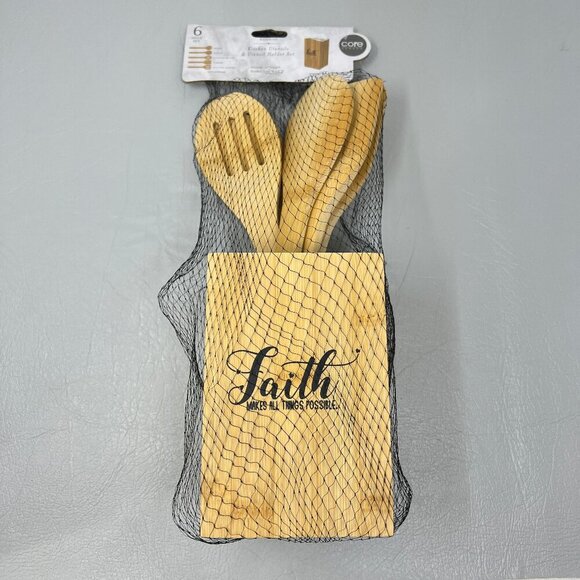 Core Bamboo Kitchen Utensils Holder Set Spoons Faith Makes All Things Possible - Picture 1 of 5